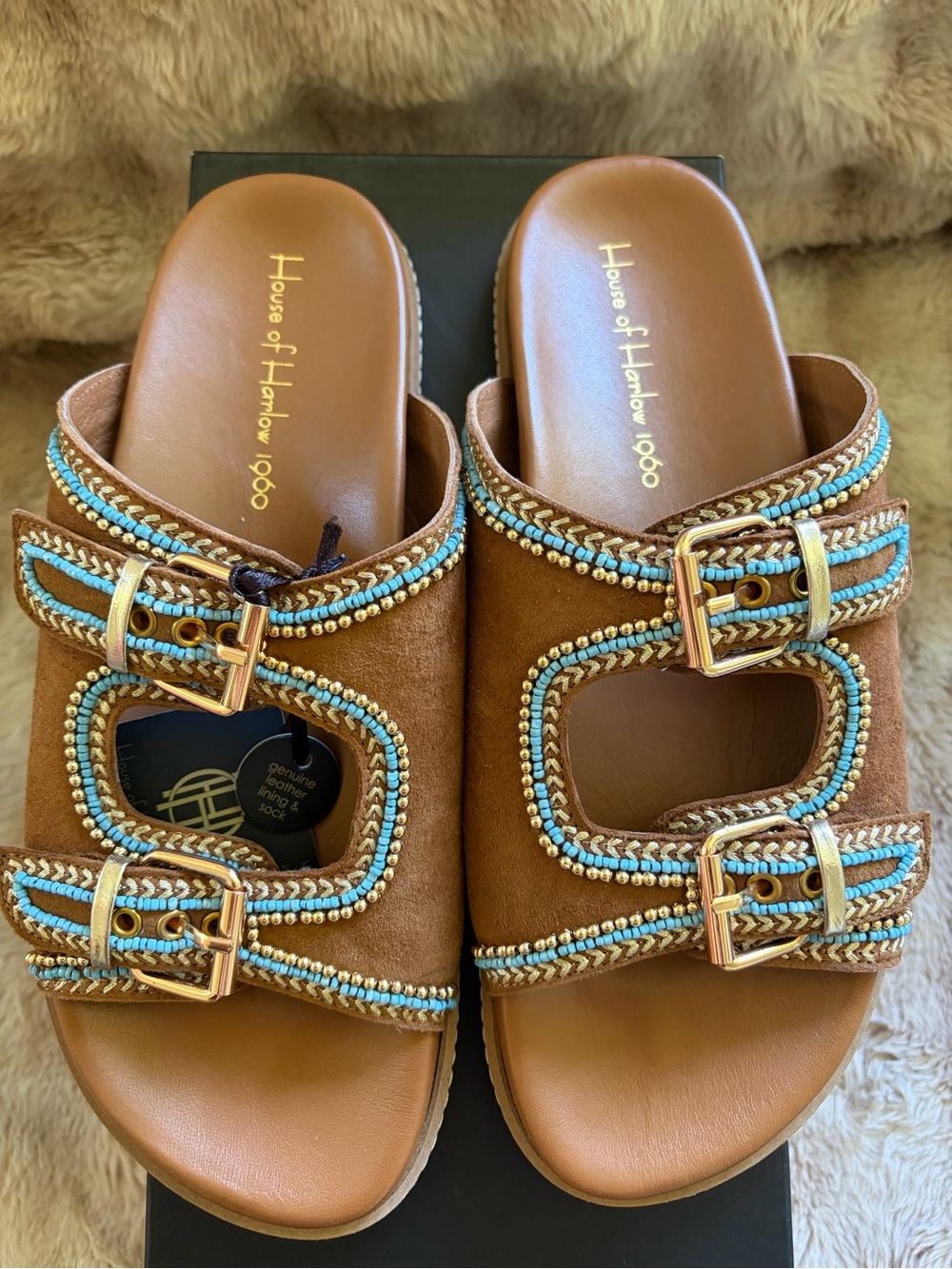 House of Harlow 1960 Viral Boho Tan Beaded Double-Buckle Slide Sandals NWT